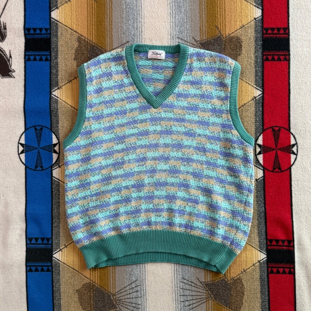 Vintage Titleist by Corbin Mens XL Cotton Golf Sweater Vest Space Dye Teal Golf